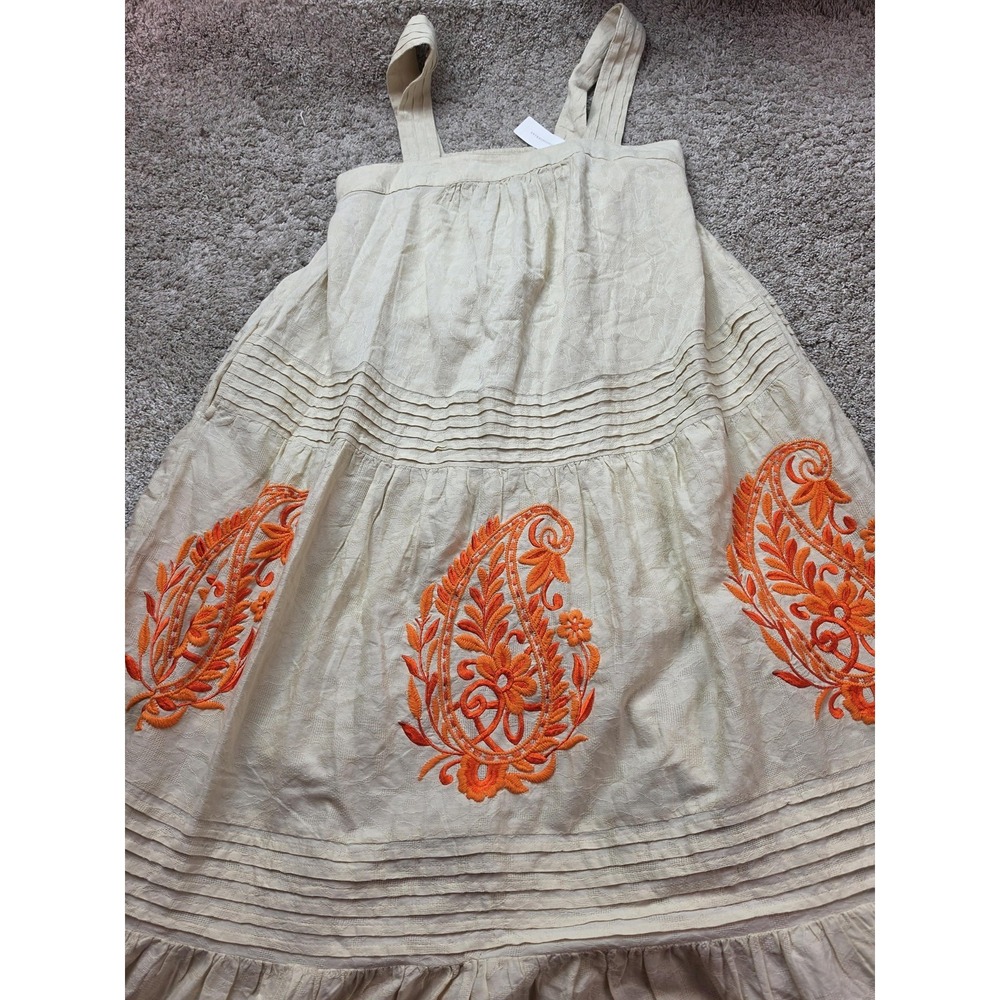 Anthropologie Dress Womens M Beige Paisley Sundress Maxi Square Neck Embroidered